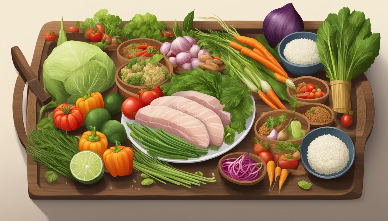 A colorful spread of fresh vegetables, herbs, and lean meats arranged on a bamboo serving tray, surrounded by traditional Thai cooking utensils