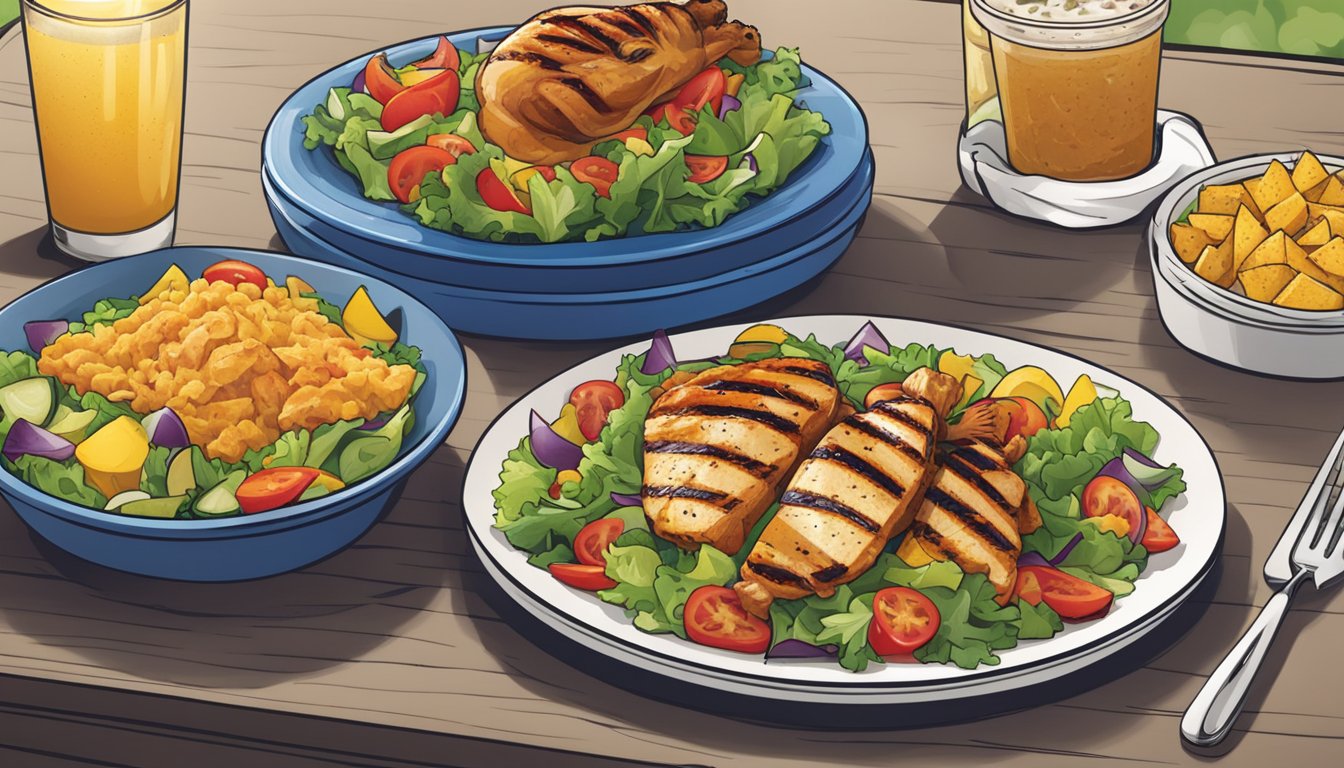 A table with a colorful salad and grilled chicken at home, while a fast-food meal sits on a tray at Zaxby's