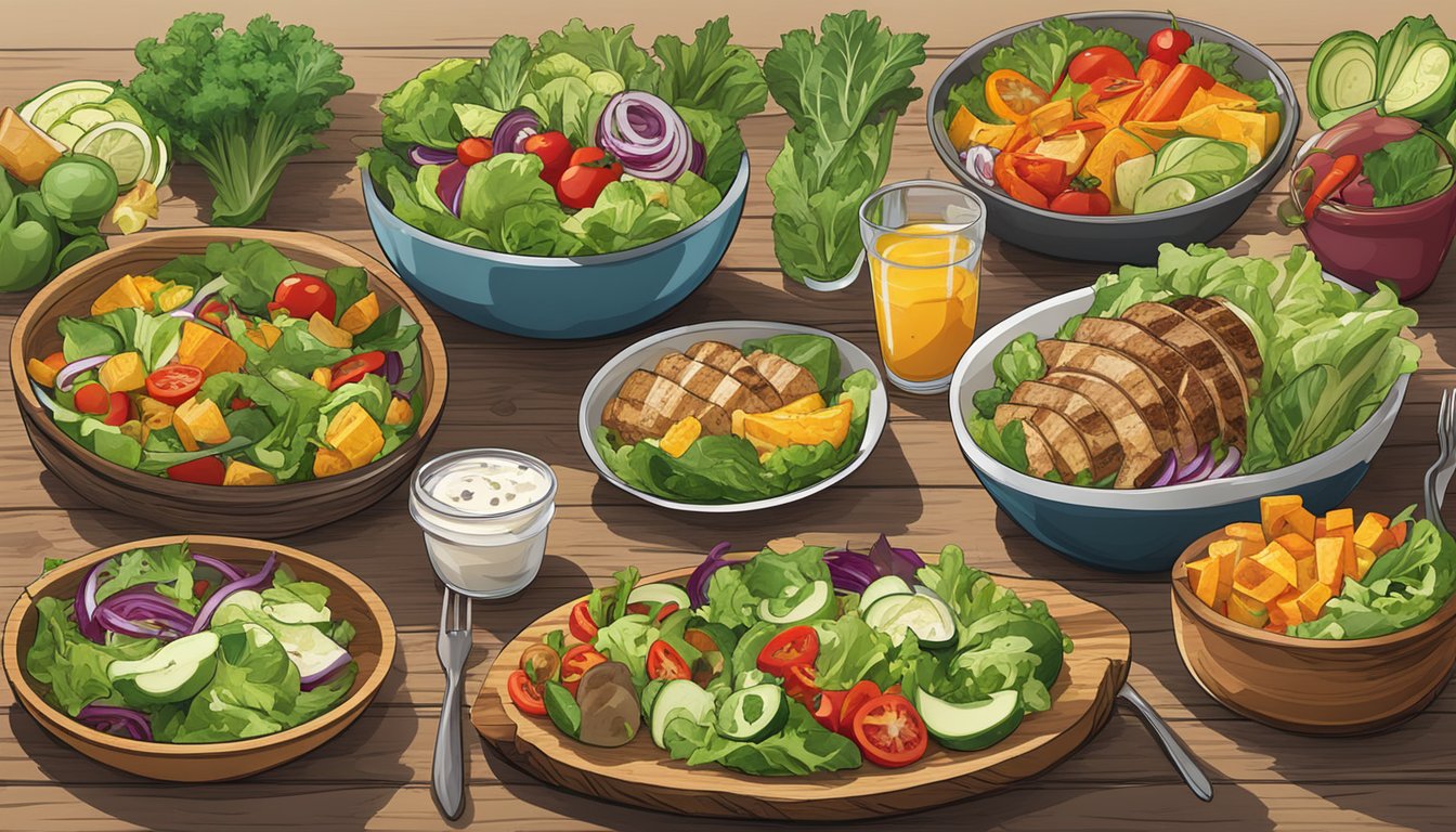 A colorful array of fresh salads, grilled vegetables, and lean protein options arranged on a rustic wooden table