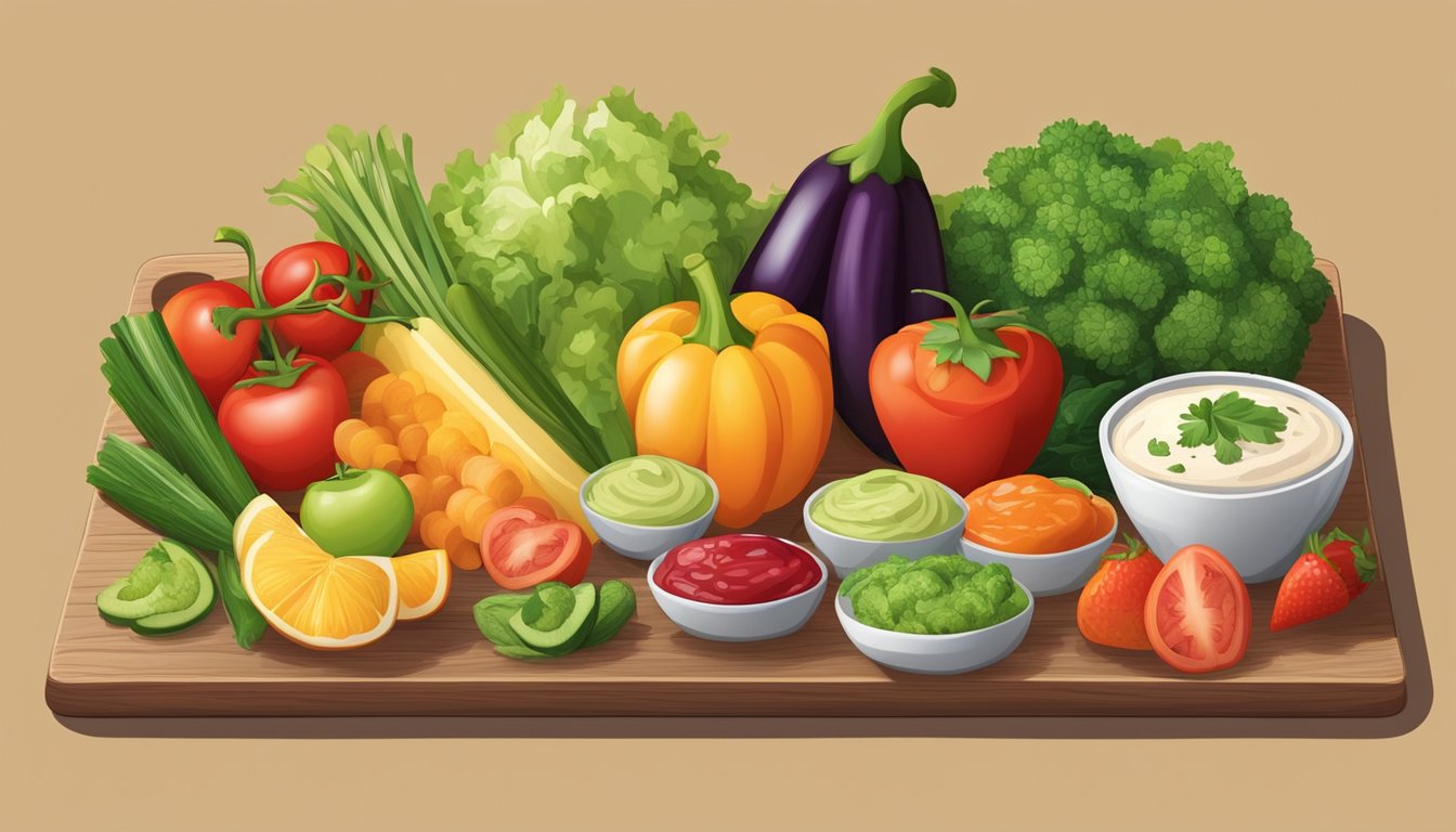 A colorful array of fresh vegetables and fruits arranged on a wooden platter, accompanied by a variety of dips and spreads