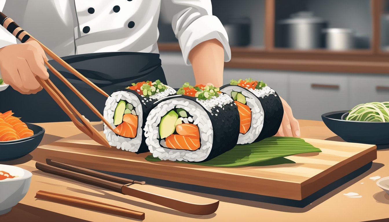 A chef overfills a sushi roll, causing it to burst open. Ingredients spill out onto the cutting board, creating a messy and unappealing presentation