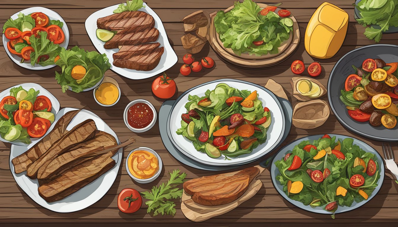 A colorful array of grilled vegetables, lean meats, and fresh salads arranged on a rustic wooden table