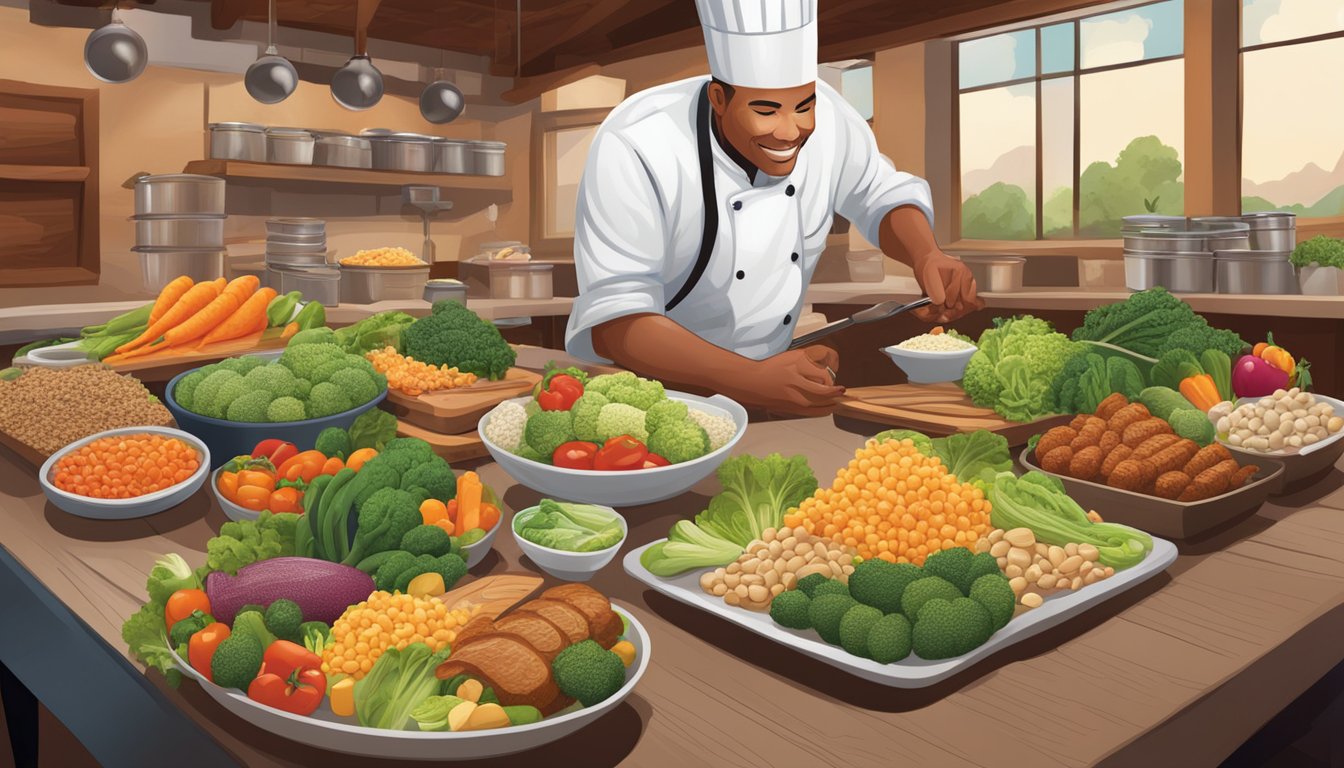 A table set with a variety of fresh vegetables, lean proteins, and whole grains, with a chef preparing a customized healthy meal at Outback Steakhouse