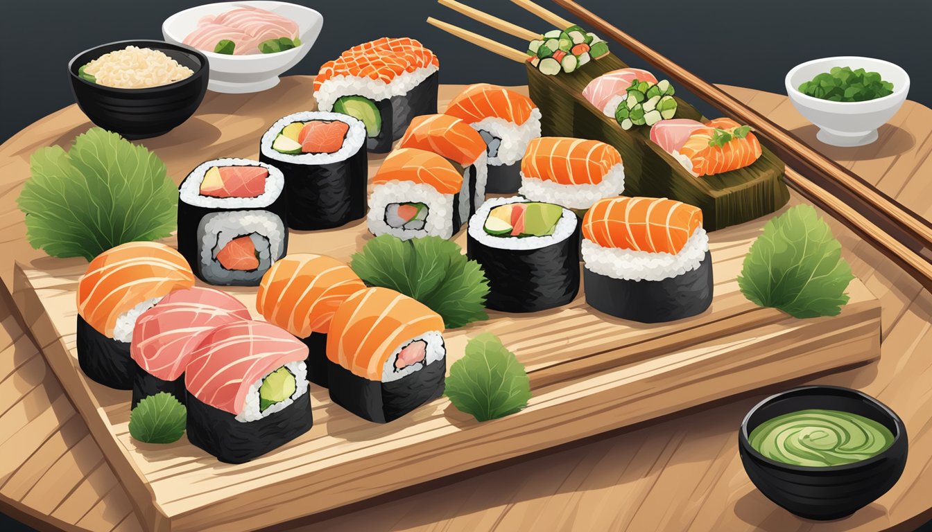 A colorful sushi menu with various fresh and vibrant options, including sashimi, seaweed salad, and vegetable rolls, displayed on a wooden board