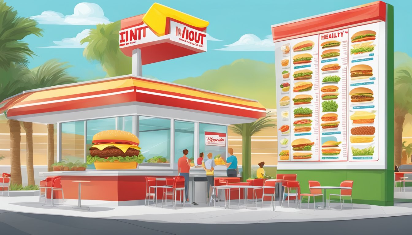 A colorful menu board with various food options displayed at an In-N-Out restaurant, including healthy choices