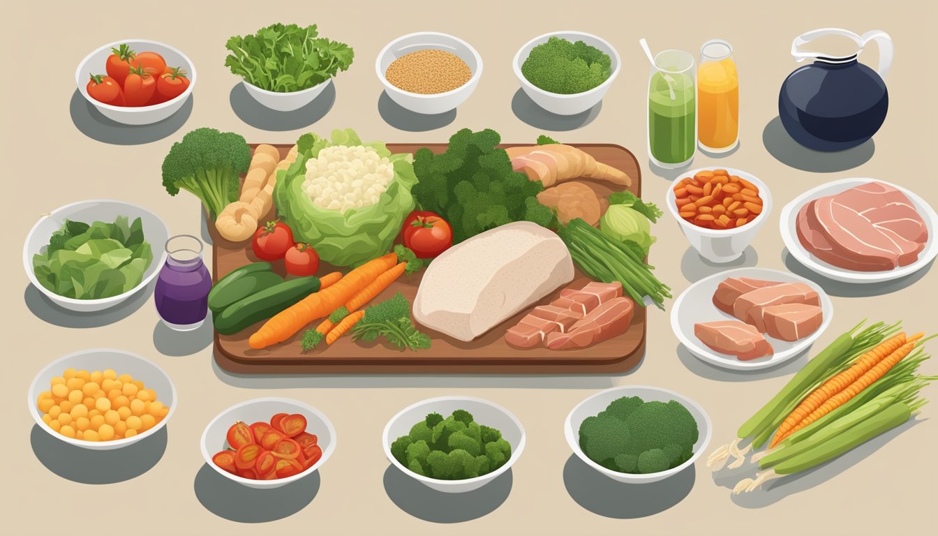 A colorful array of fresh vegetables, lean meats, and whole grains arranged on a table, with a clear chart displaying nutritional information and dietary guidelines