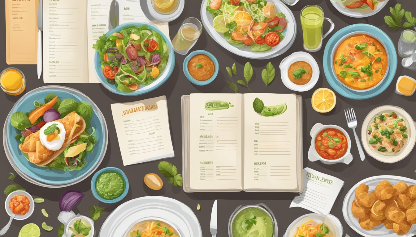 A table with various restaurant menus, showcasing a range of healthy options and colorful dishes