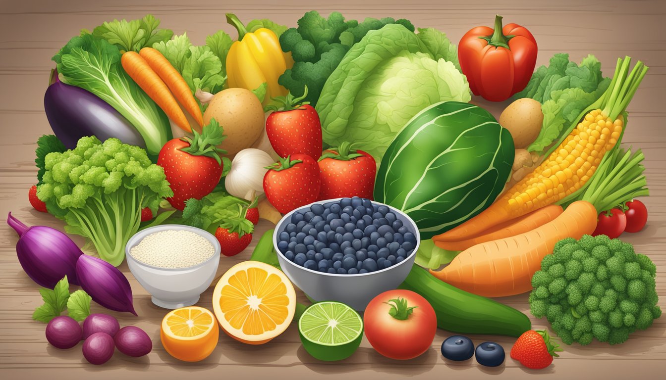 A colorful array of fresh vegetables and lean proteins displayed on a table, surrounded by vibrant fruits and whole grains