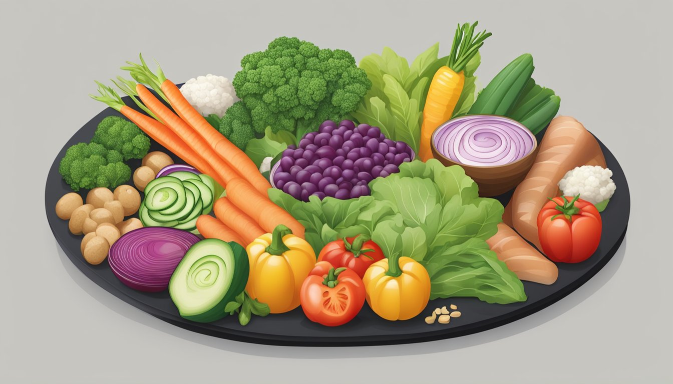 A colorful array of fresh vegetables and lean proteins arranged on a modern, minimalist serving platter