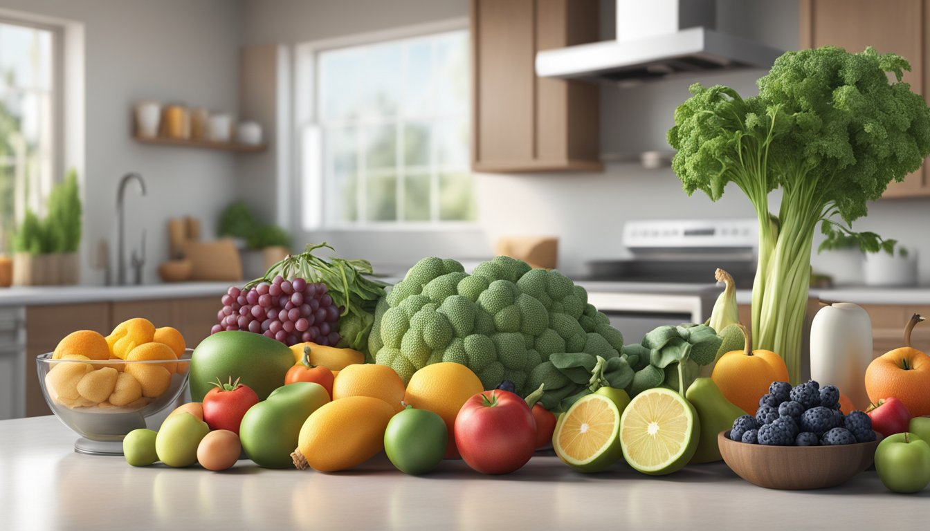 A colorful array of fresh fruits, vegetables, and whole grains arranged on a clean, modern kitchen counter