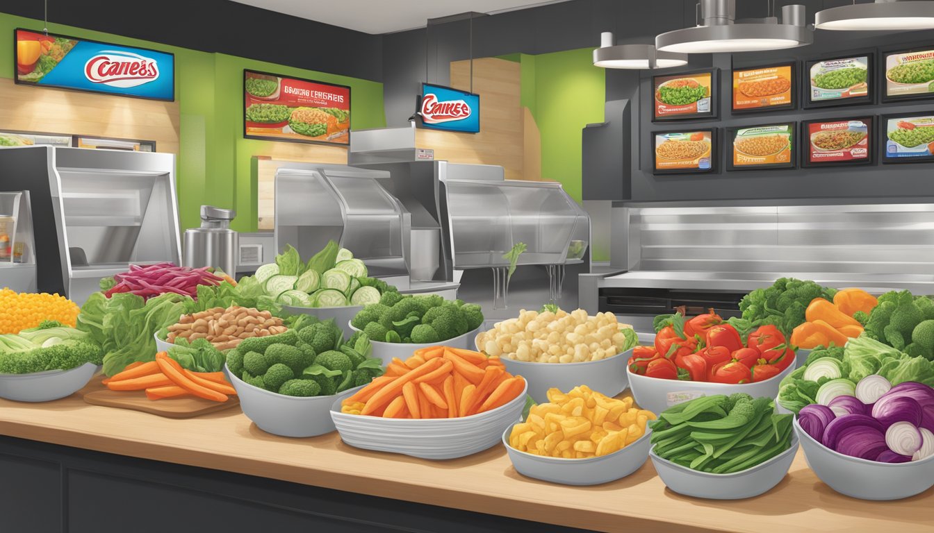 A colorful array of fresh vegetables and lean protein options displayed on a clean, modern counter at Raising Cane's