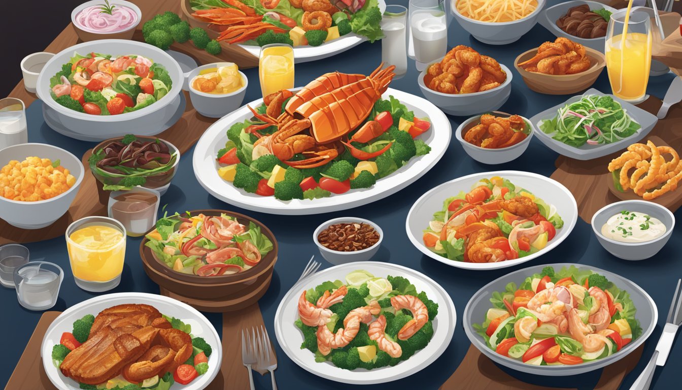 A table set with a variety of healthy main course options from Red Lobster, including colorful salads and grilled seafood dishes