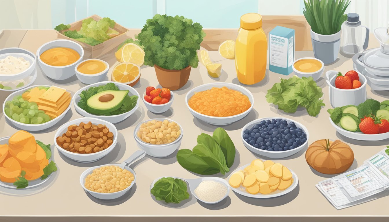 A table with various food items, nutritional charts, and ingredient lists displayed, with a focus on healthier options