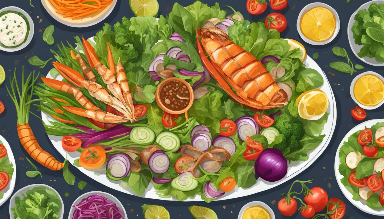 A colorful array of fresh vegetables and vibrant salads surround a platter of grilled seafood and whole grain sides