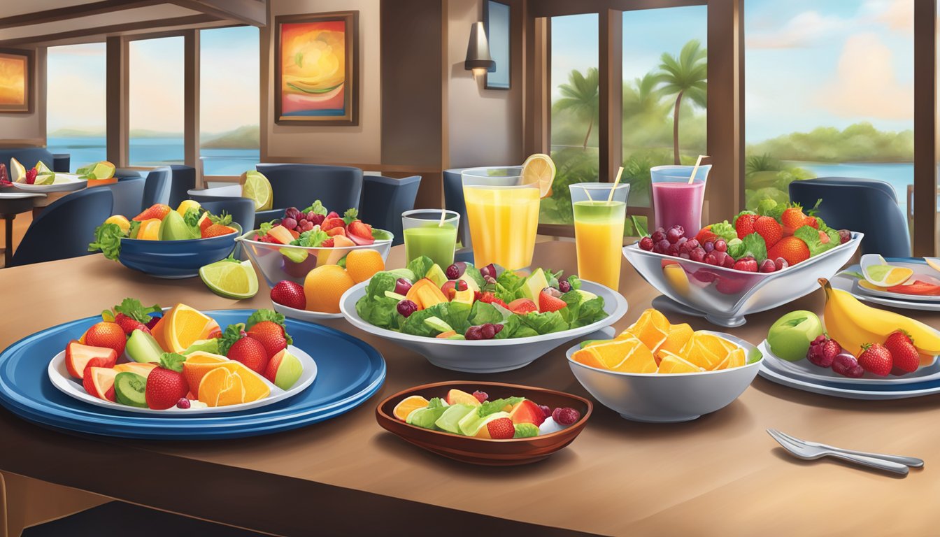 A table set with colorful fruit platters, fresh salads, and vibrant smoothies at a Red Lobster restaurant