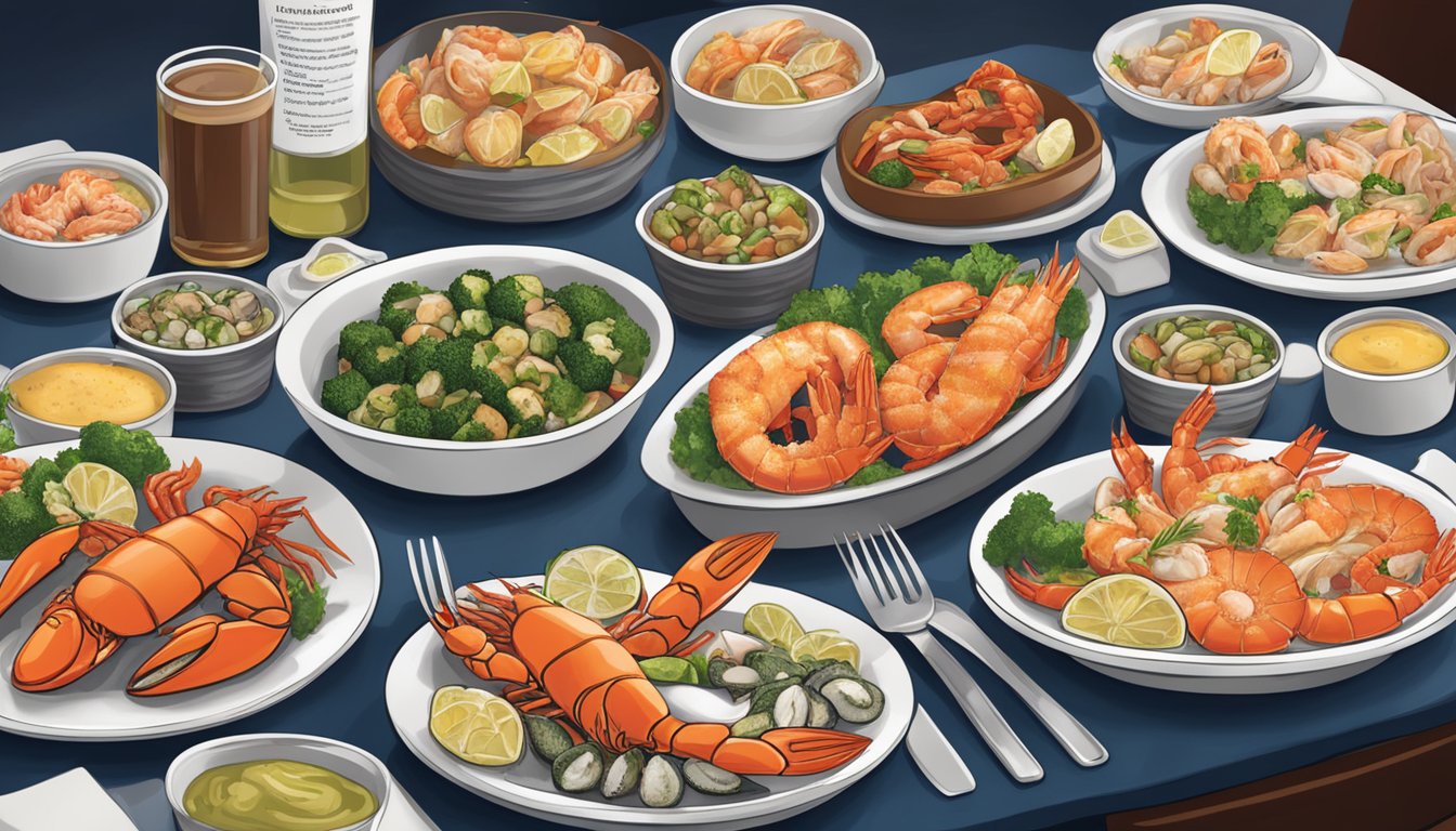 A table set with a variety of healthy seafood options and nutritional information displayed at a Red Lobster restaurant