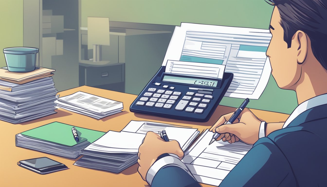 A person submitting paperwork to a Humana representative, with a stack of documents and a calculator on the table