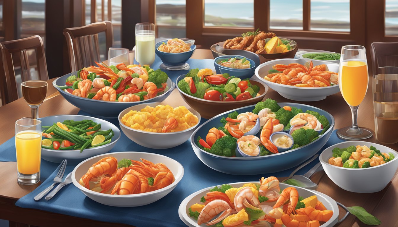 A table set with a variety of healthy meal options, including fresh seafood and colorful vegetables, at a Red Lobster restaurant