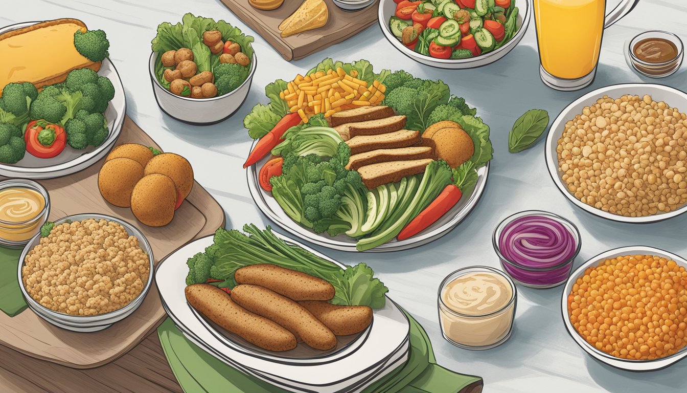 A table with a variety of fresh vegetables, lean protein, and whole grains, with a menu featuring healthy options for dietary considerations at Raising Cane's