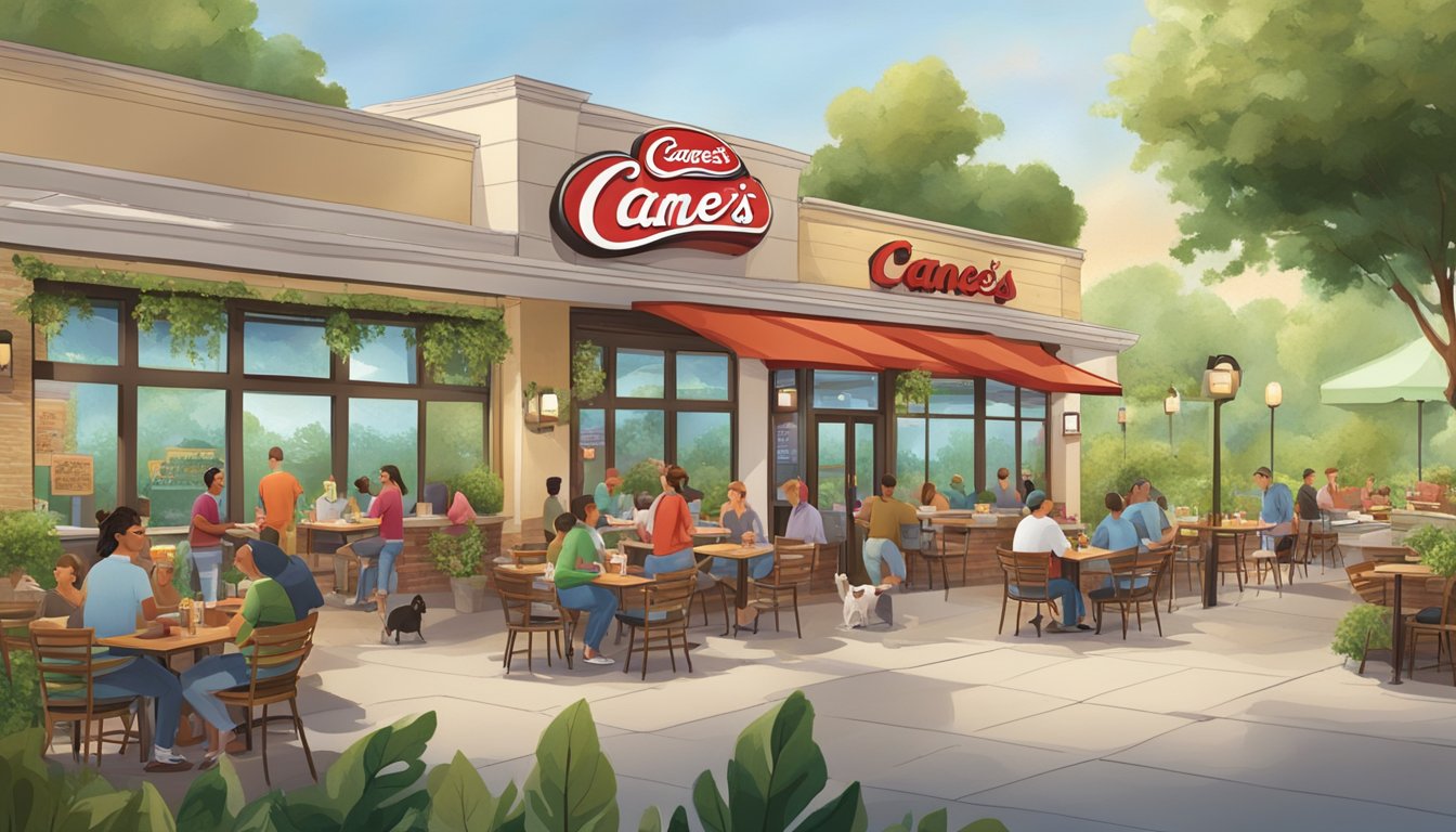 A bustling restaurant scene with customers enjoying healthy options from Raising Cane's, surrounded by vibrant greenery and a calming ambiance