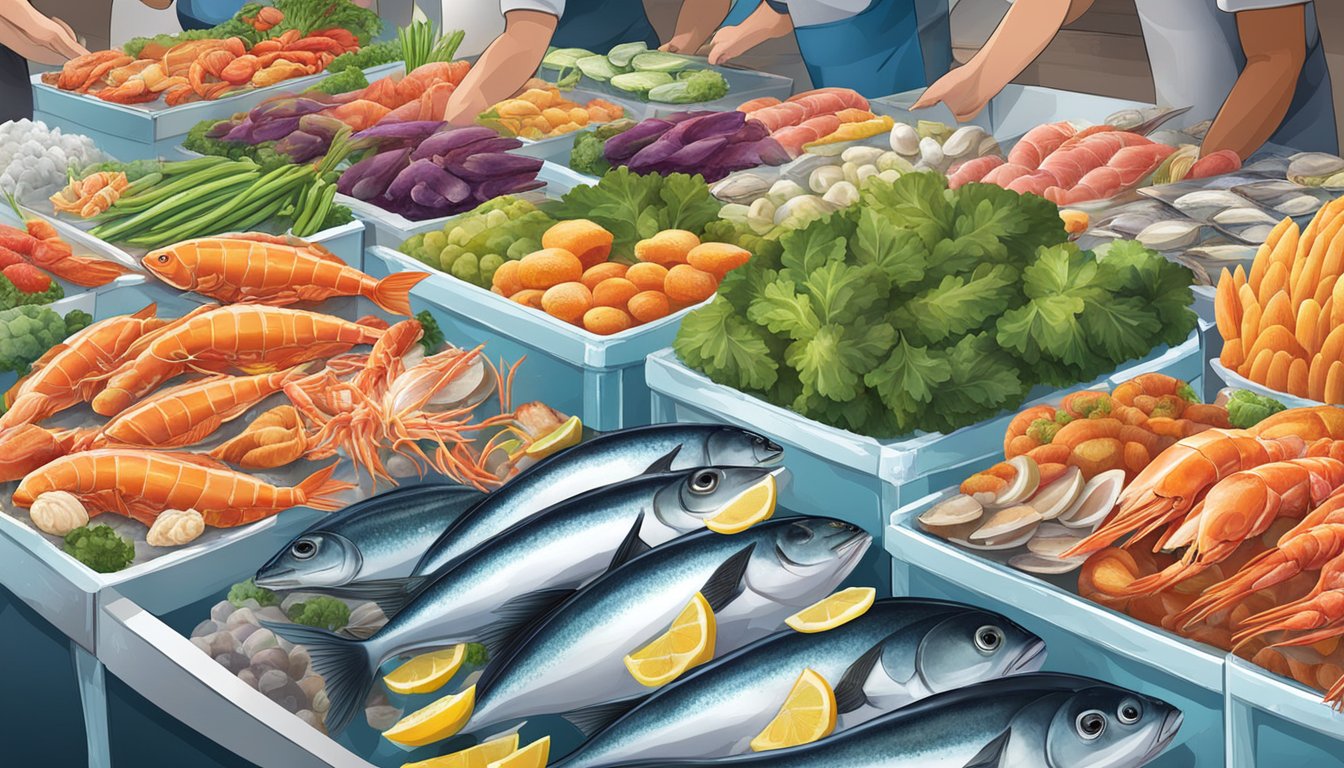 A bustling seafood market with a variety of fresh, colorful fish and shellfish displayed on ice, alongside vibrant vegetables and fruits