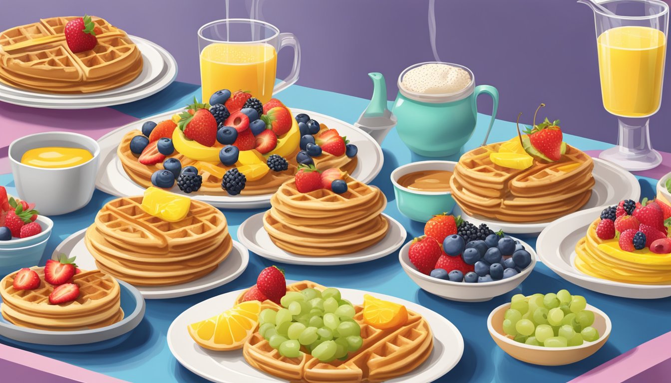 A bustling waffle house with colorful fruit toppings and steaming whole grain waffles served on vibrant plates