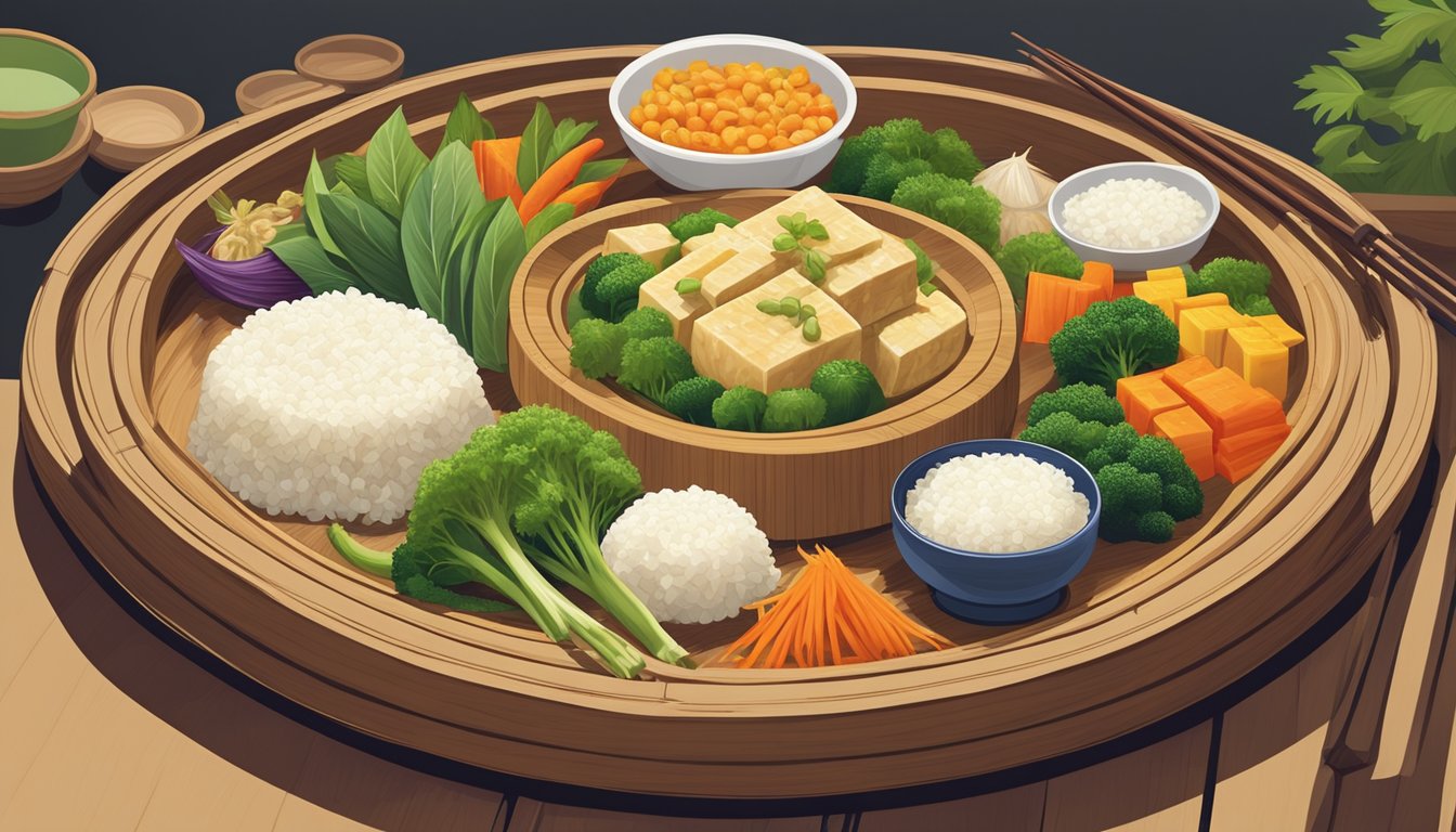 A colorful array of steamed vegetables, stir-fried tofu, and fragrant jasmine rice arranged on a traditional Chinese bamboo serving tray