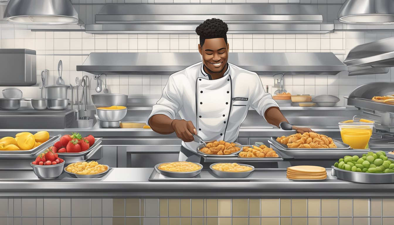 A chef at a Waffle House kitchen prepares a variety of healthy meal options, including fresh fruits, whole grain waffles, and lean protein choices