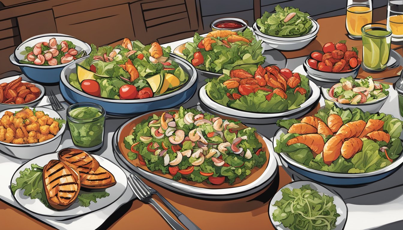 A colorful array of fresh salads, grilled vegetables, and seafood appetizers displayed on a table at a Red Lobster restaurant