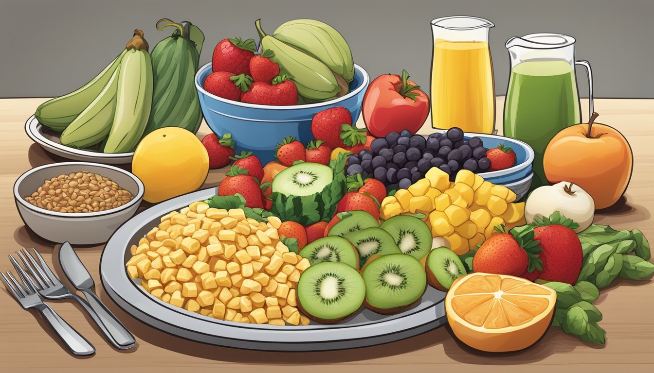 A colorful array of fresh fruits, vegetables, and whole grains arranged on a table, with a steaming plate of a nutritious meal from Waffle House