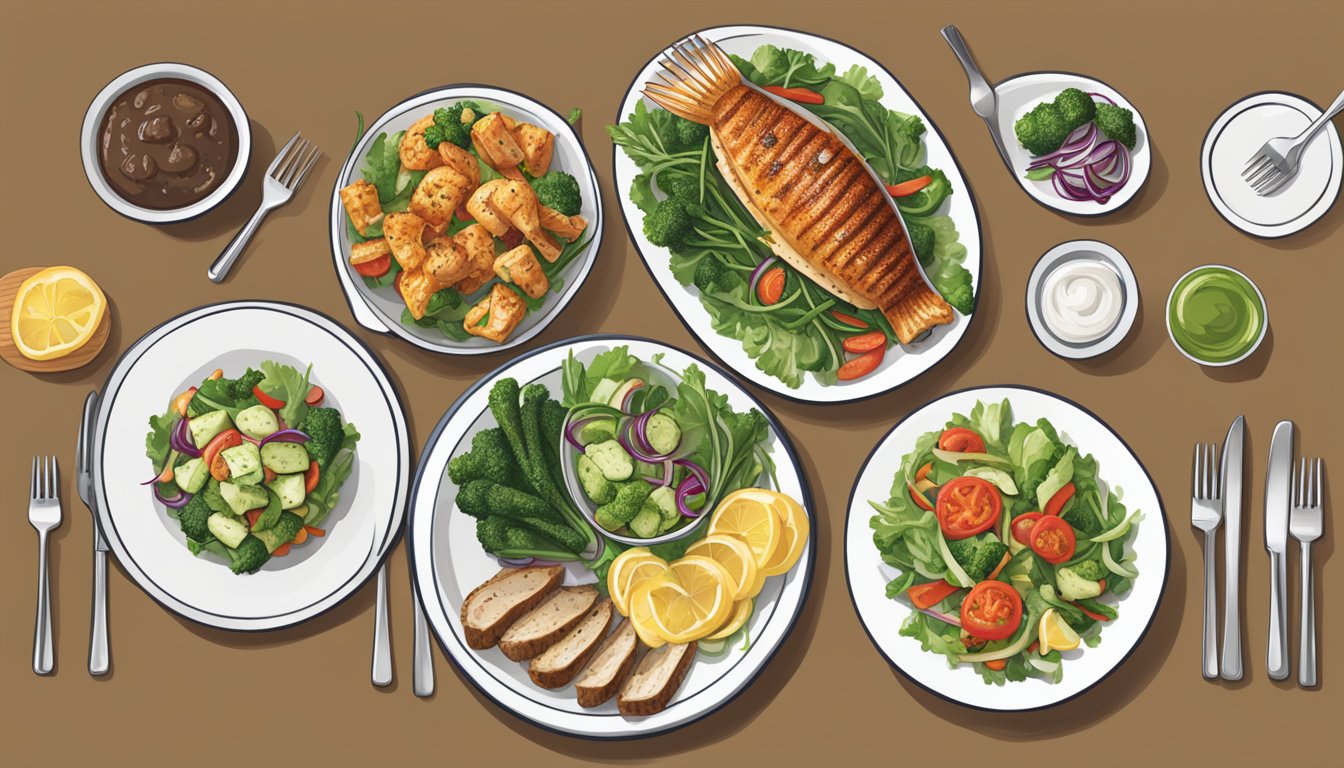 A table set with a variety of healthy main course options at Red Lobster, including grilled fish, steamed vegetables, and fresh salads