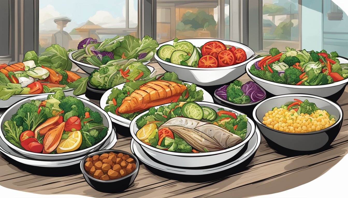 A colorful array of fresh vegetables and vibrant salads displayed alongside grilled fish and steamed rice at a Red Lobster restaurant