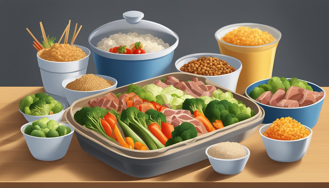 A colorful array of steamed vegetables, lean meats, and whole grains arranged on a bamboo tray, surrounded by traditional Chinese takeout containers