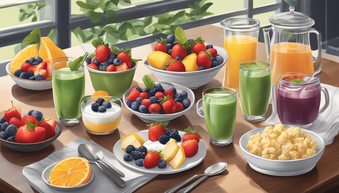 A spread of fresh fruit, yogurt parfaits, and herbal teas on a table at Red Lobster