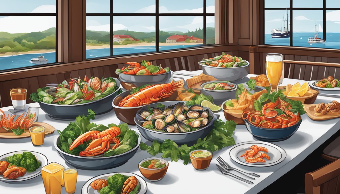 A table set with a variety of fresh seafood, salads, and grilled vegetables at a Red Lobster restaurant