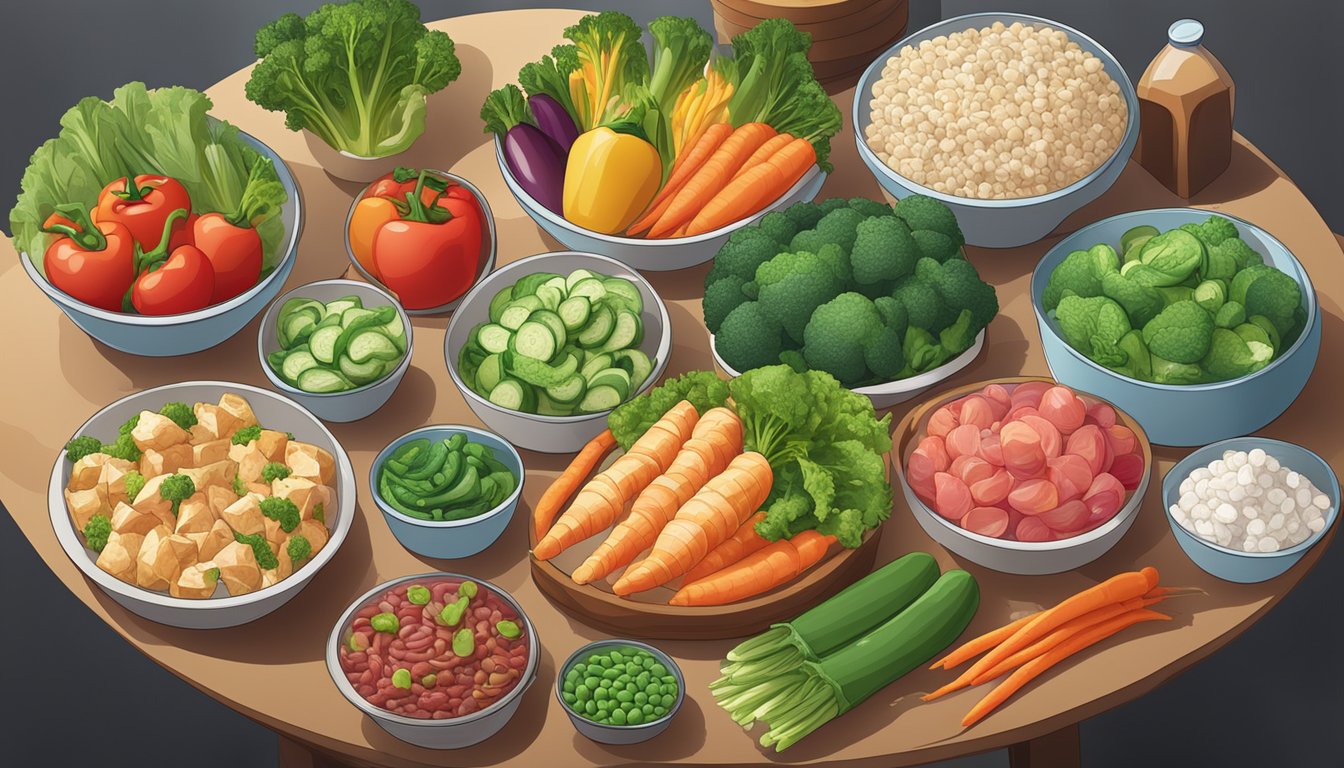 A colorful array of fresh vegetables and lean proteins arranged on a table, with Chinese takeout containers in the background