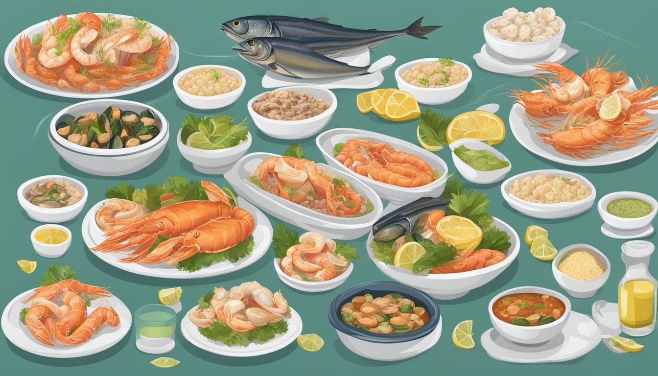 A table with a variety of fresh seafood dishes, accompanied by clear allergen information cards