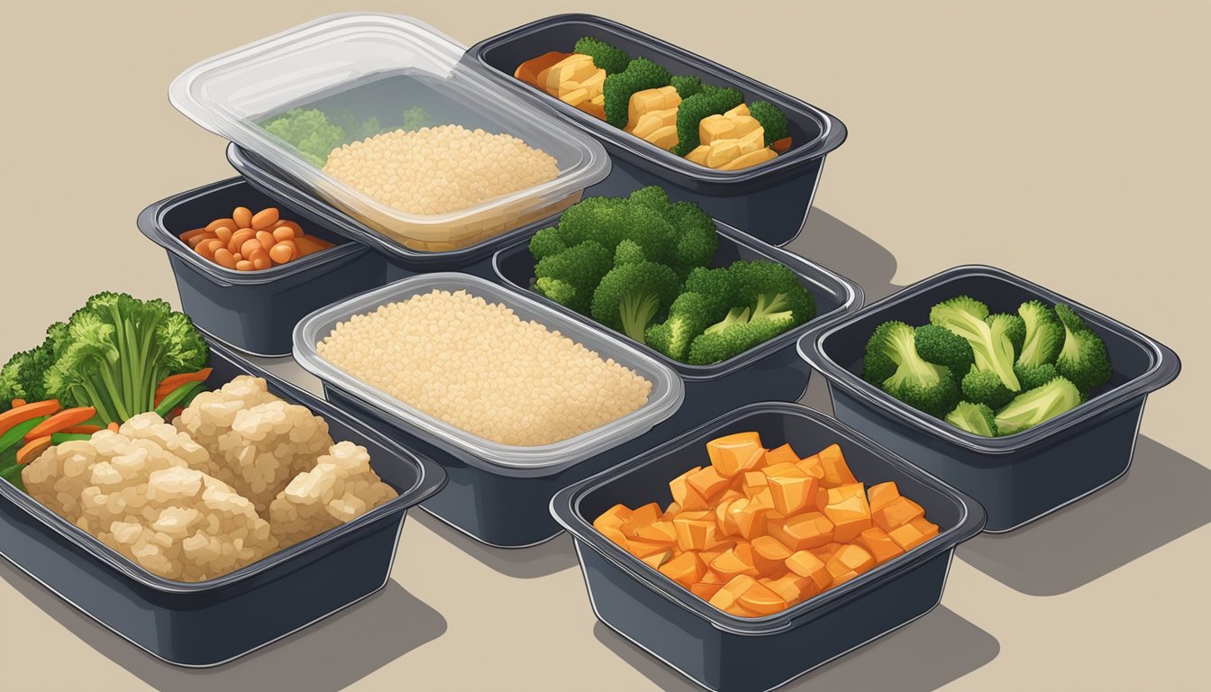 A table with a variety of Chinese takeout containers, including steamed vegetables, brown rice, and lean protein, portioned out into separate compartments