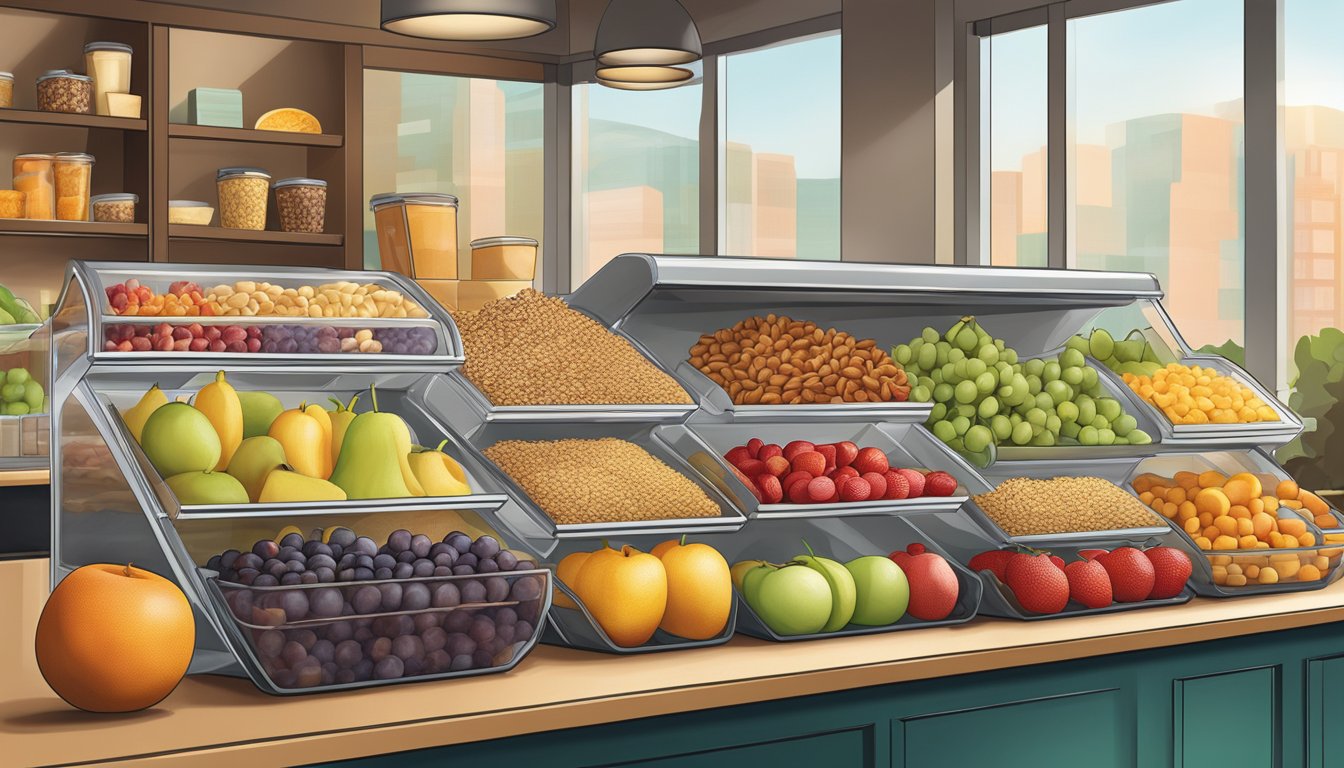 A colorful array of fresh fruits, nuts, and whole grain options displayed on a clean, modern countertop at a Starbucks cafe