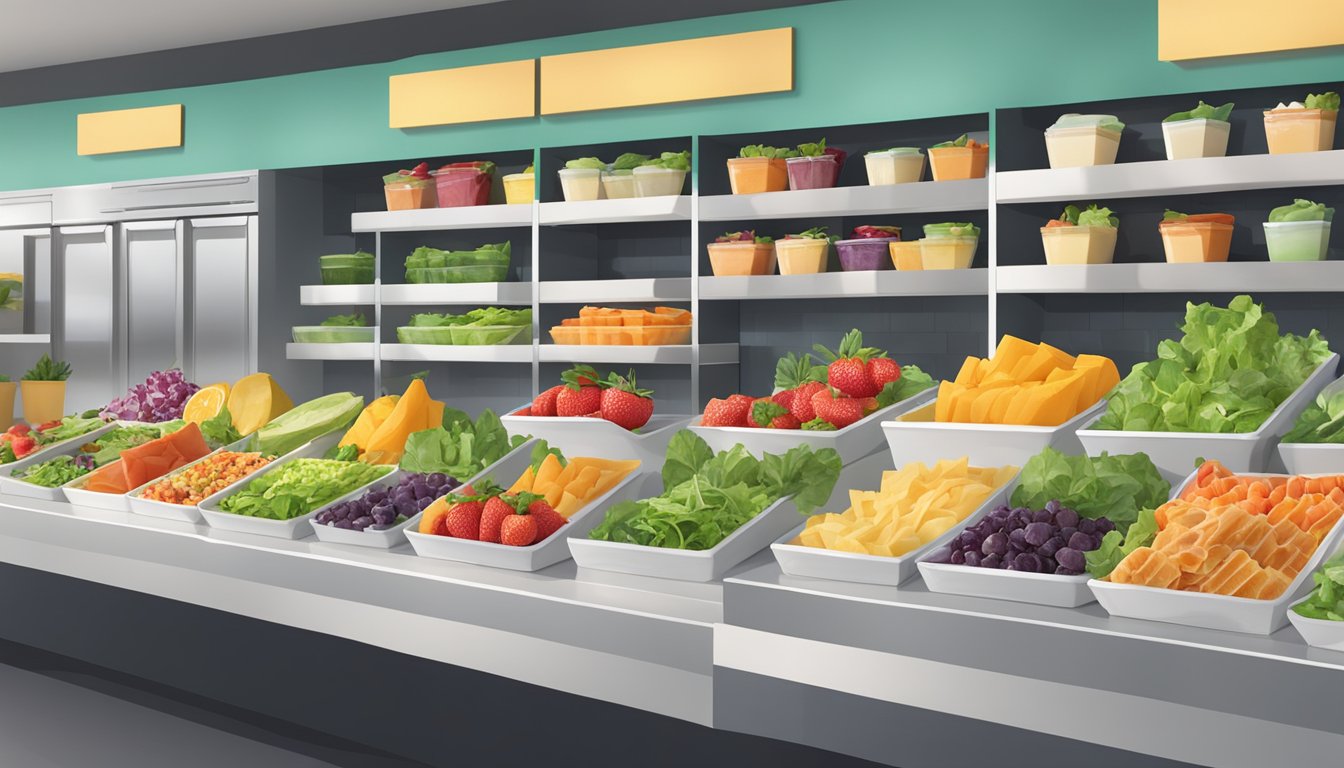 A colorful array of fresh salads, fruit cups, and protein boxes displayed on a clean, modern countertop at a Starbucks location