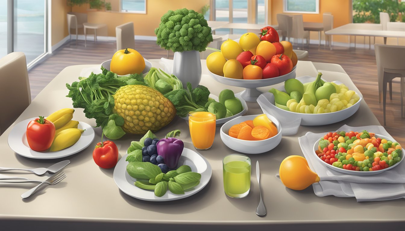 A colorful array of fresh fruits and vegetables displayed on a clean, modern table setting at a Denny's restaurant