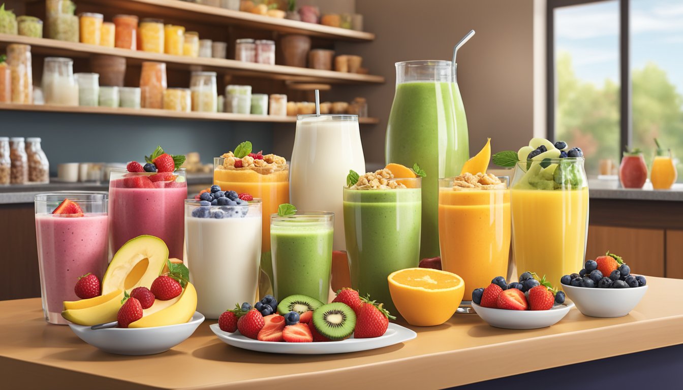 A colorful array of fresh fruits, yogurt parfaits, and whole grain bagels displayed alongside a variety of nutritious smoothies and organic juices at a Panera breakfast counter