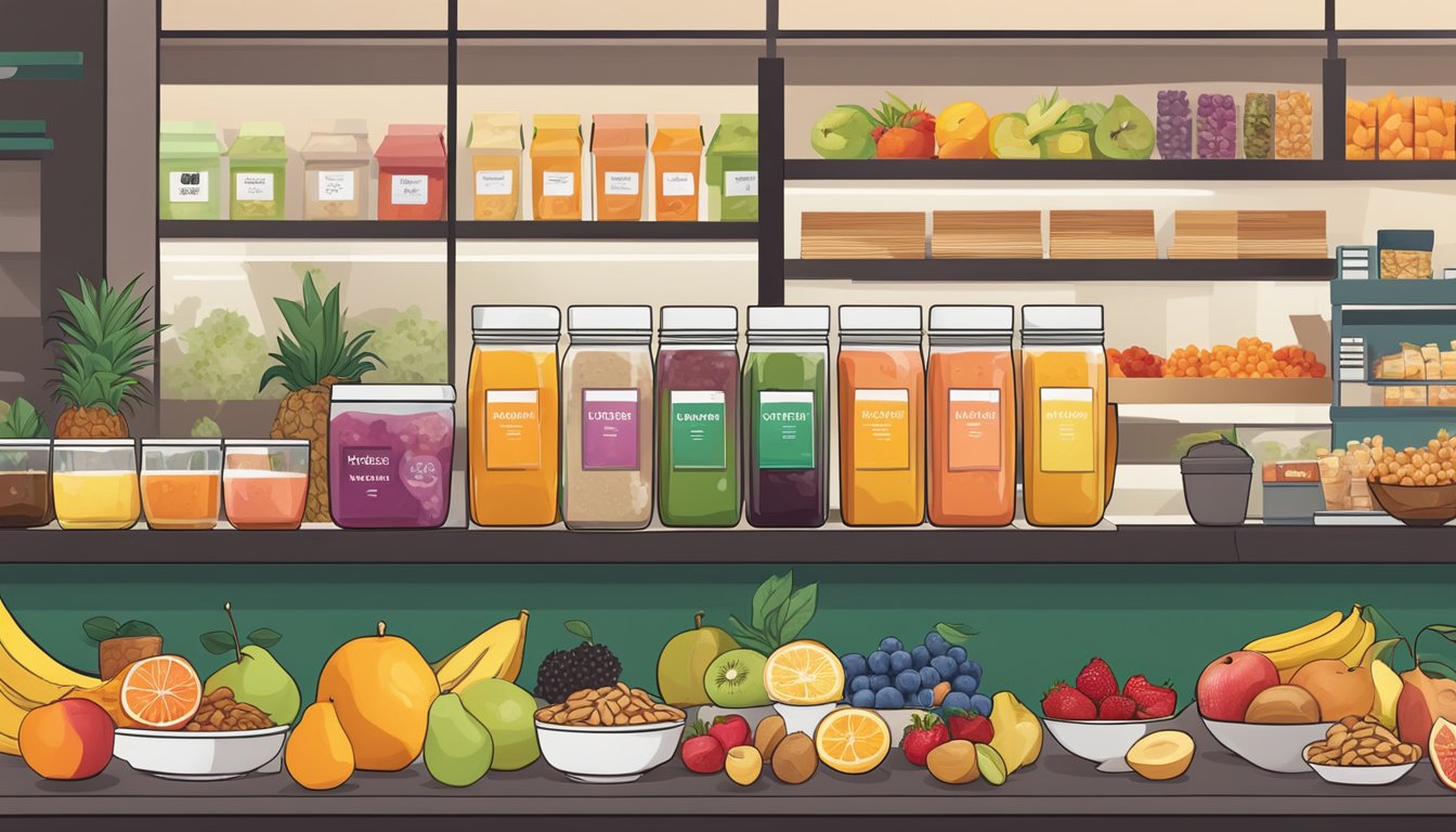 A colorful array of fresh fruit, nuts, and whole grain snacks are arranged next to a variety of herbal teas and cold-pressed juices at a Starbucks counter