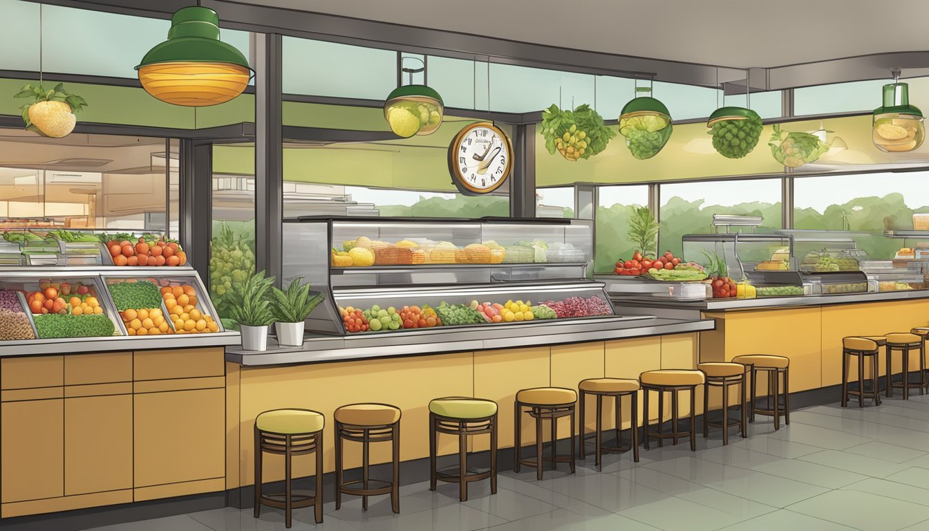 A variety of fresh fruits, vegetables, and herbal teas displayed on a clean, modern counter at a Denny's restaurant