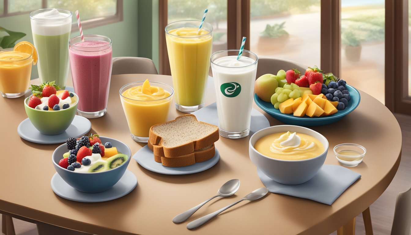 A table set with a variety of fresh fruits, whole grain bread, yogurt parfaits, and smoothies, with the Panera logo in the background