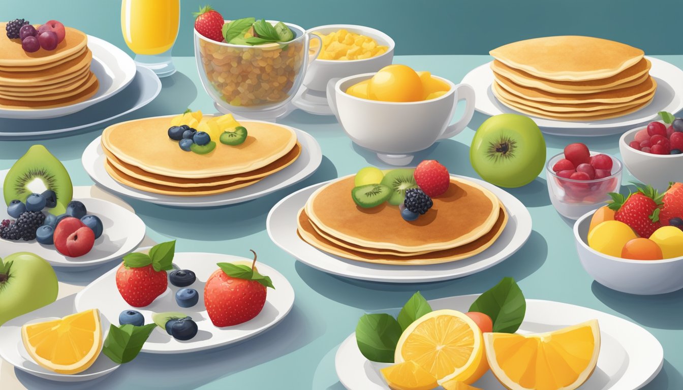 A colorful spread of fresh fruits, whole grain pancakes, and egg white omelets on a clean, modern table setting