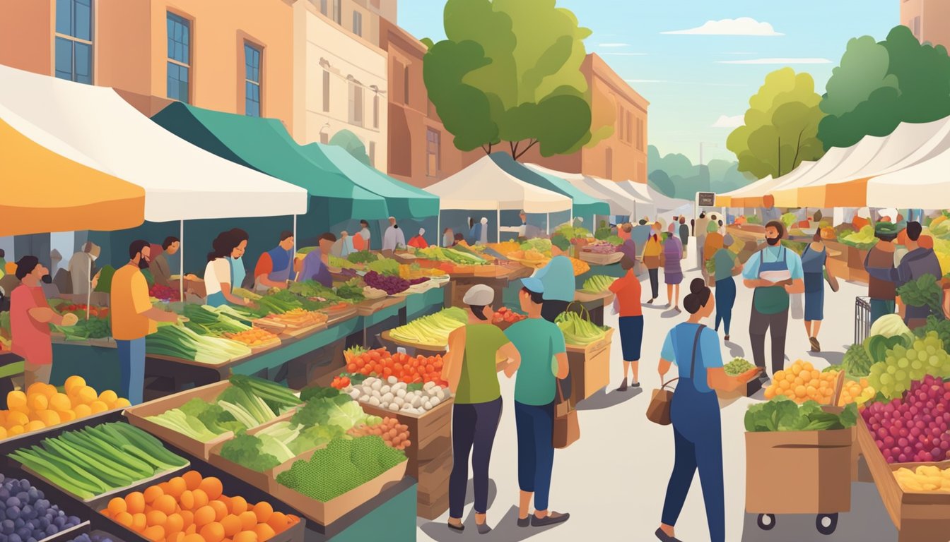 A bustling farmers market with colorful stalls offering fresh fruits, vegetables, and whole foods. A diverse crowd of people browsing and sampling healthy dining options