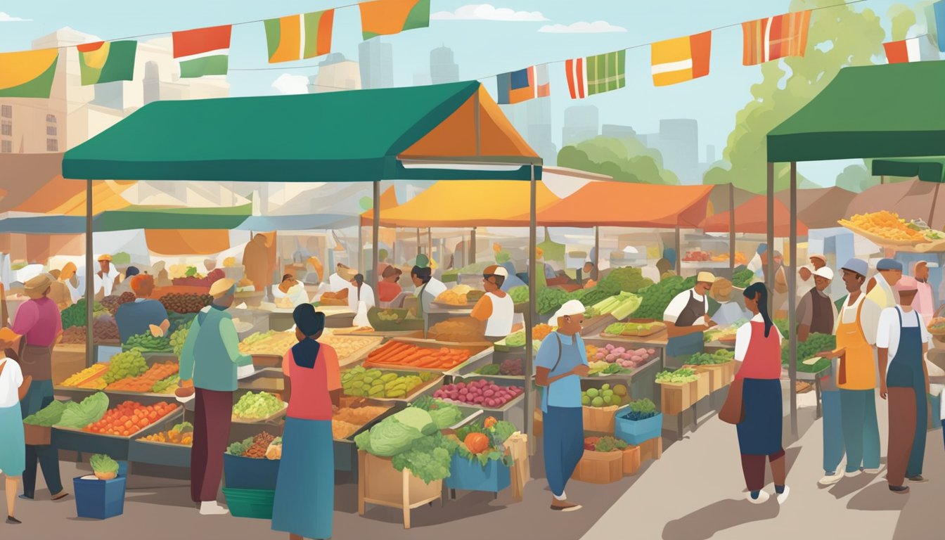 A bustling farmers market with colorful stalls offering a variety of healthy cuisines from around the world. Patrons browse and sample dishes while chefs prepare fresh, vibrant meals