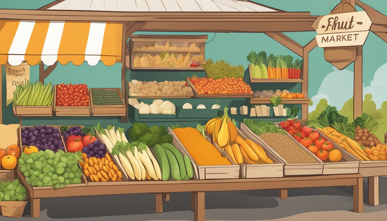 A colorful farmers market with fresh fruits, vegetables, and whole grains. A sign indicates healthy food options