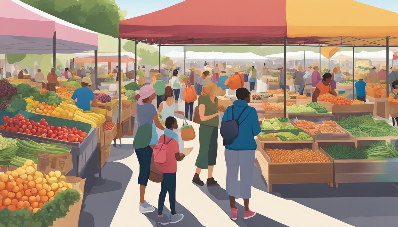 A bustling farmers' market with colorful displays of fresh fruits, vegetables, and organic products. Patrons browse through stalls offering gluten-free, vegan, and locally-sourced options